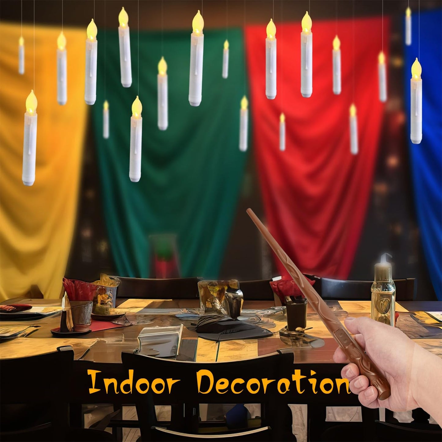 Raycare Floating Candles with Wand, 12 Pcs Magic Hanging Candles Flameless, Flickering Warm Light LED Taper Candle with Wand Remote, Battery Operated Window Candle for Halloween Witch Wizzard Decors