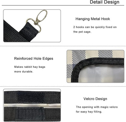 Rabbit Hay Feeder Bag, Large Capacity Rabbit Hay Bag Small Animal Hanging Hay Bag 600D Oxford Cloth Bunny Hay Feeder Bag for Rabbits Guinea Pigs Chinchillas (Plaid-4 Holes-1Pcs)