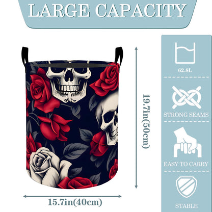 VODRM Skull and Rose Gothic Laundry Basket, Dirty Collapsible Clothes Toy Organizer Hamper for Kids Adults, Oxford Cloth Waterproof Storage Bin for Bedroom Bathroom Halloween Decor Gifts, 19.7"X15.7"