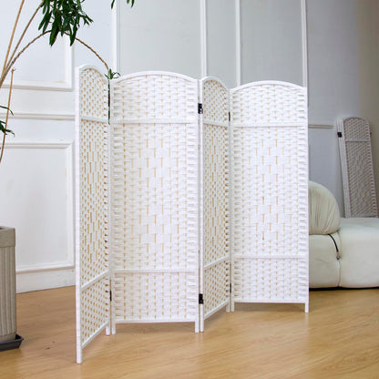 Furnnylane 4 Panel Rattan Divider Short Room Partition Screen,Double Sided Folding Divider for Room Separation,White,47.2" H x 63" W