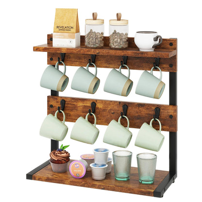 IBUYKE Rustic Coffee Mug Holder Stand, 2 Tier Countertop Mug Tree Holder Rack with Storage Base, Vintage Mug Holders for Kitchen, Holds 8 Mugs, Rustic Brown UTBJ002H