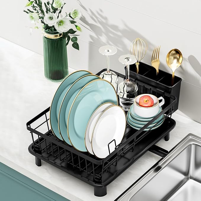 Small Dish Drying Rack, Space Saving Dish Racks for Kitchen Counter, Kitchen Organizer Dish Drainer with Cutlery Holder for Spoons and Forks, 11''W x 15''L, Black