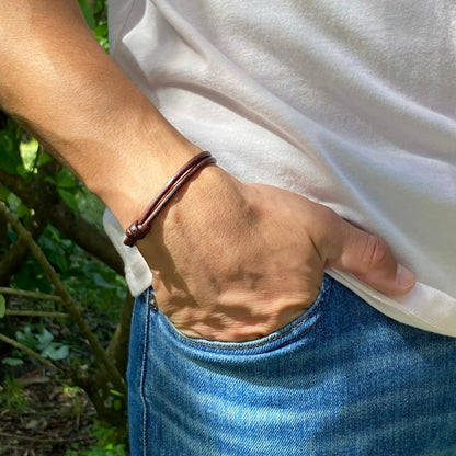 3 mm Men Genuine Leather Bracelet - Handmade Adjustable Cuff, Mens Minimalism Leather Wrap Wristband, Simple Accessories, Premium Leather, Women Gift To Boyfriend, Pulsera Hombre (Antique Brown)