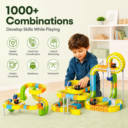 Upgrade Magnetic Train Set for Kids with 2 Rechargeable Trains, 105PCS Gravity-Defying Race Track, Safer Magnetic STEM Building Toy with Vertical Climb & Upside-Down Tracks for Boys Girls Ages 3-12