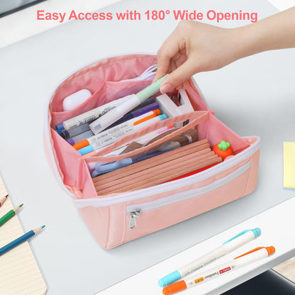 BrainyBees Large Capacity Pencil Case - Pencil Pouch for Teen Girls, Aesthetic Pouch Organizer with 8 Compartments, Wide Opening Marker Bag for Middle High School College, Fits Calculator, Pink