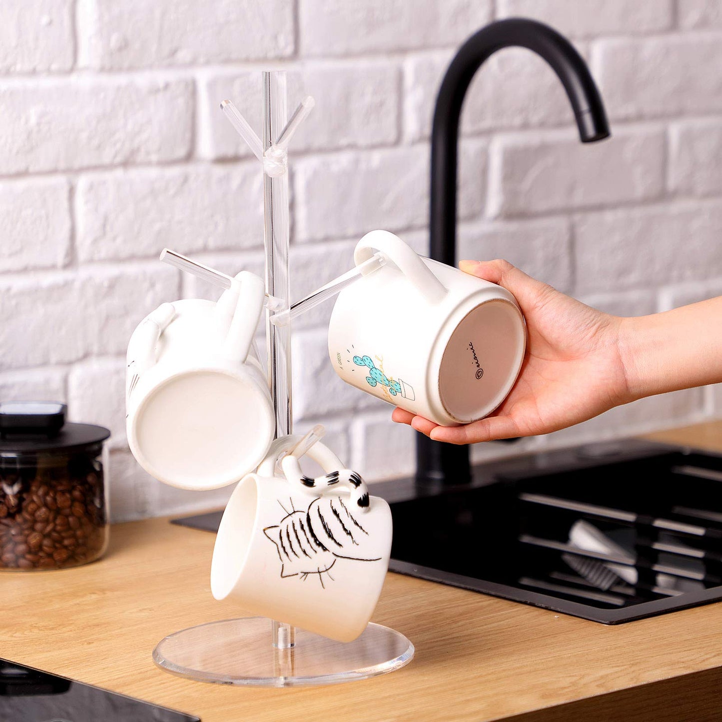 Patelai 14 Inch Acrylic Coffee Mug Tree Coffee Mug Rack Cup Holders for Counter with 6 Hooks Removable Stands(Acrylic,Clear)