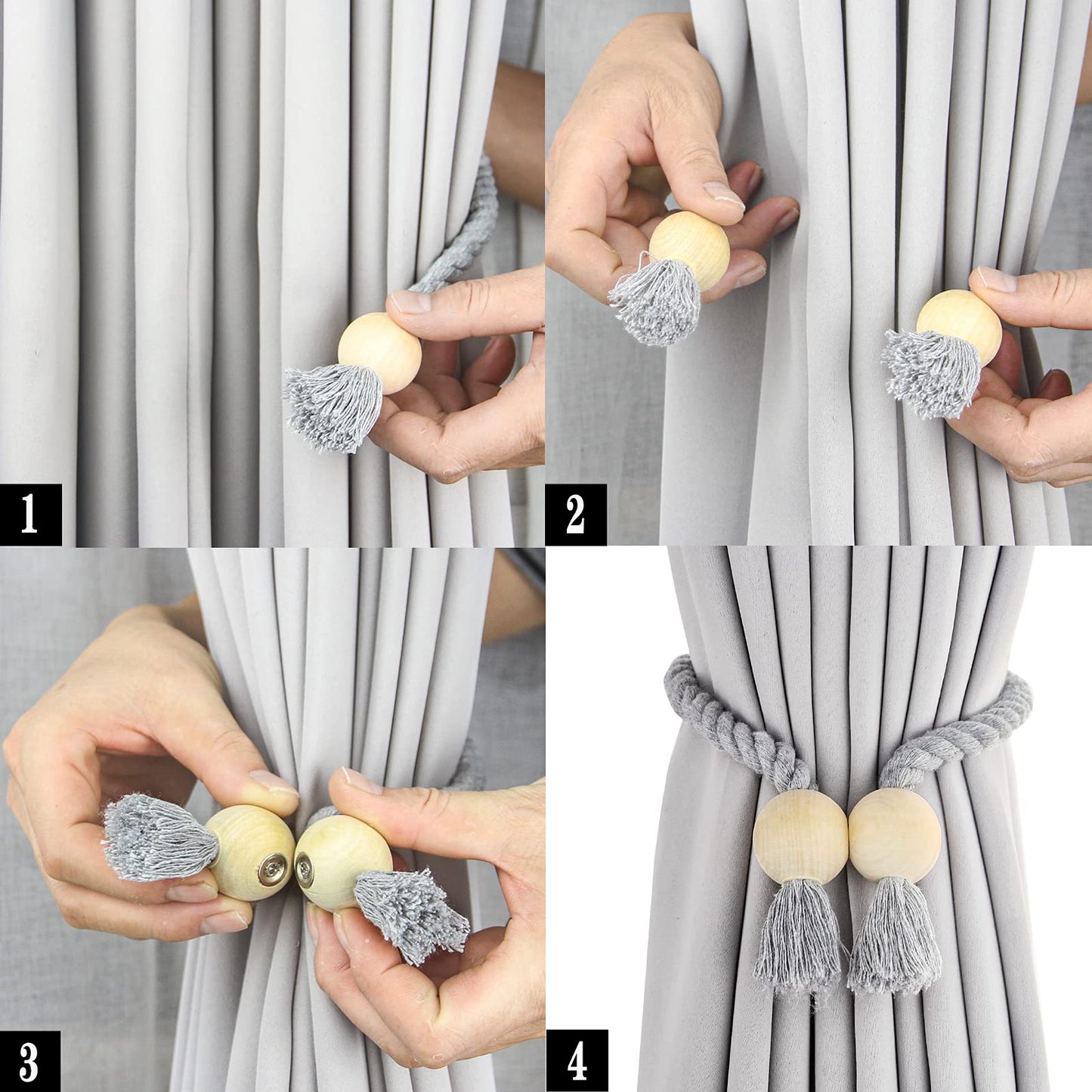 Porlau 4 Pack Grey Magnetic Curtain Tiebacks Cotton Hand Woven Tieback Holdback Decorative Tie Backs for Drapes with Wooden Buckle No Tools Required