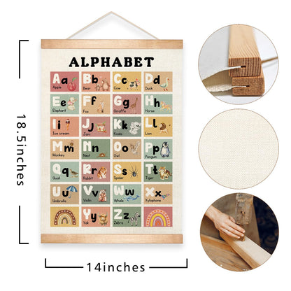 Educational Alphabet Chart Wall Art, 18.5x14Inch Colourful Alphabet Canvas Print Poster with Wooden Henger, Classroom Learning Posters, A-Z Letters Wall Art Decor for Nursery,Playroom and Home School