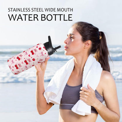 32oz Pink Cherry Insulated Aater Water Bottle with Straw Gym Hiking Sports Coffee Mug Cup Water Bottles,Cherry Gifts for Wome Decor Stuff Accessories
