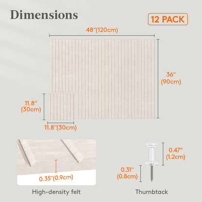Lifewit Felt Slatted Bulletin Board, 12 Pack Self-Adhesive Panel, 48"x 36" Total Size, Cork Board Alternative, Pin Message Board with 30 Pushpins for Room and Office Decor, Home, Dorm, Oatmeal