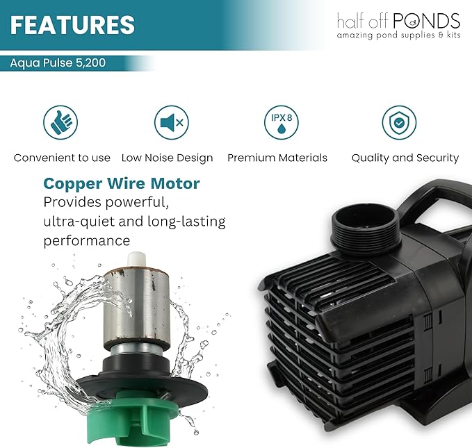 HALF OFF PONDS Submersible Water Pump, 5,200 GPH Pond Pump with 33FT Power Cord and 21FT Max Head, 294W Ultra Quiet Energy Efficient Pump for Koi Pond, Fountain, Waterfall, Water Garden, Skimmer