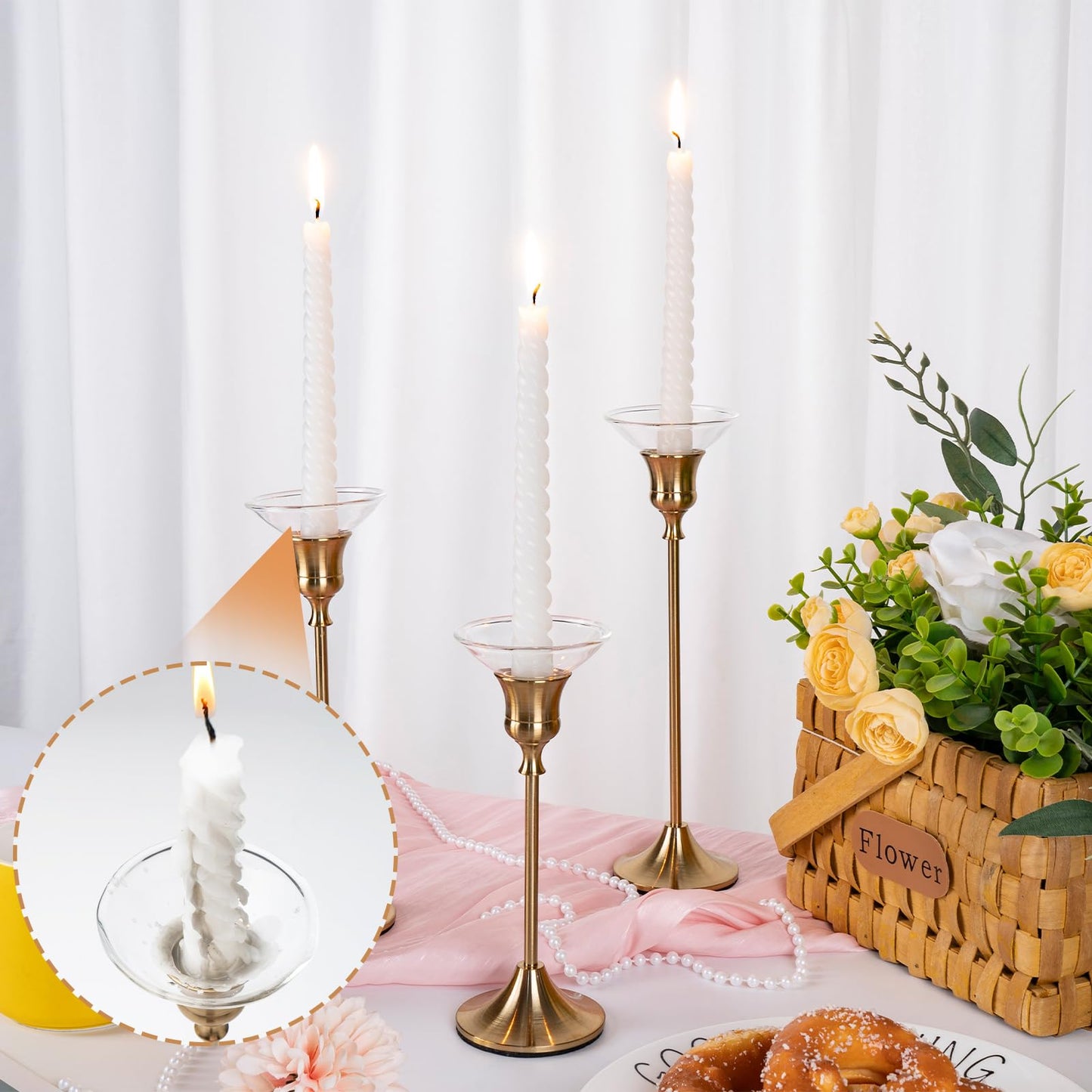12Pcs Glass Bobeches for Candlestick Holders，Candle Drip Protectors Rings for Tapers, Clear Glass Rings Taper Candles Wax Catcher for Wedding Party Church Home, Accessories