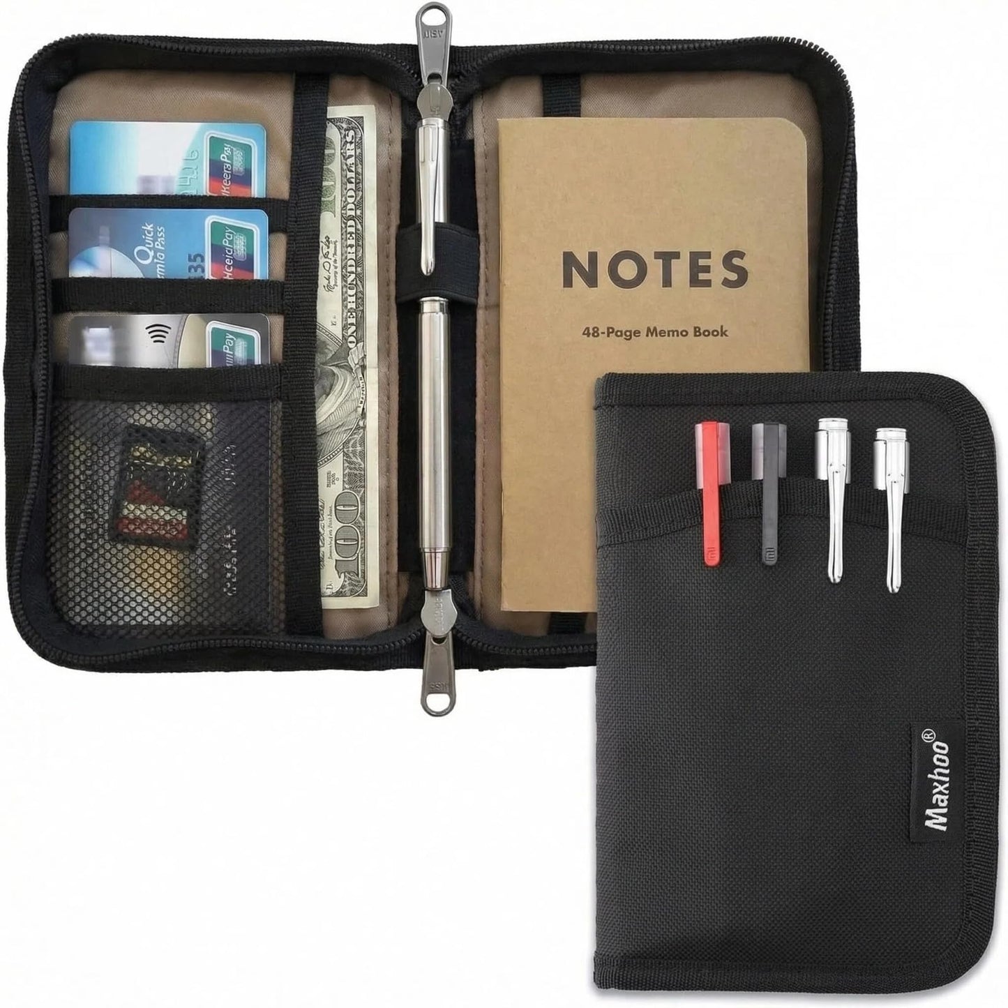 Maxhoo Journal Cover for Field Notes Notebooks, Pocket Notebook Cover for Moleskine Cahier 3.5 x 5.5, Journal Notebook Planner Sketchbook Cover with Zipper Pen Holder (Black)