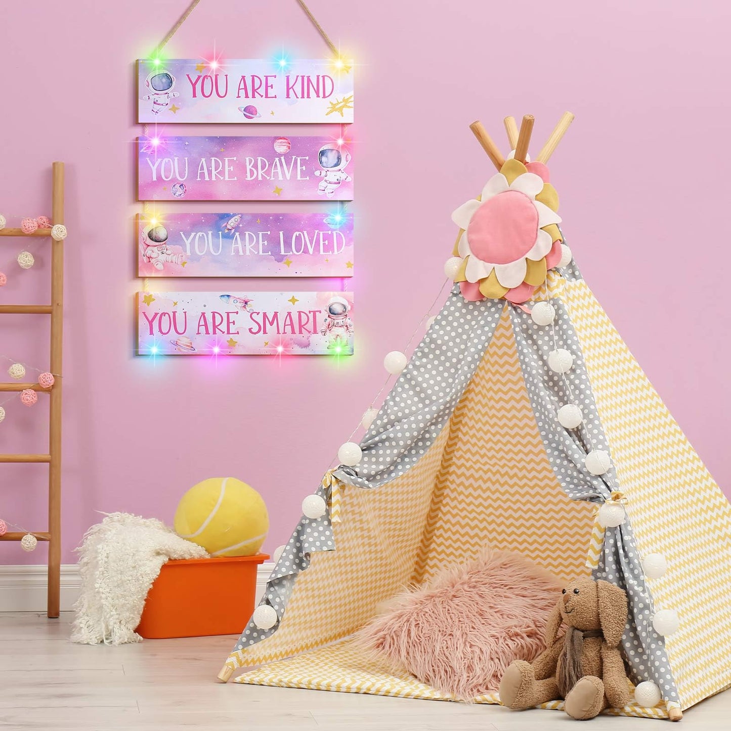 4 Pcs Space Room Decor for Kids Girls Pink Space Wall Art Bedroom Decor with Light and Remote Nursery Classroom Astronaut Galaxy Posters Spaceman Wood Sign Be Brave and Be Kind for Baby Girls