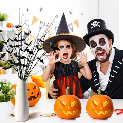 JUNEBRUSHS Curly Willow Branches 29.5 Inch Artificial Bendable Stems Black Branches with 36Pcs Halloween Bat Stickers for Halloween Wreath Home Party Decorations