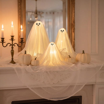 Woanger 3 Pieces Lighted Halloween Ghost Table Decor with LED Light Strip White Spooky Ghost Tabletop Lamp on Wooden Base for Indoor Halloween Party Mantel Shelf Home Decorations