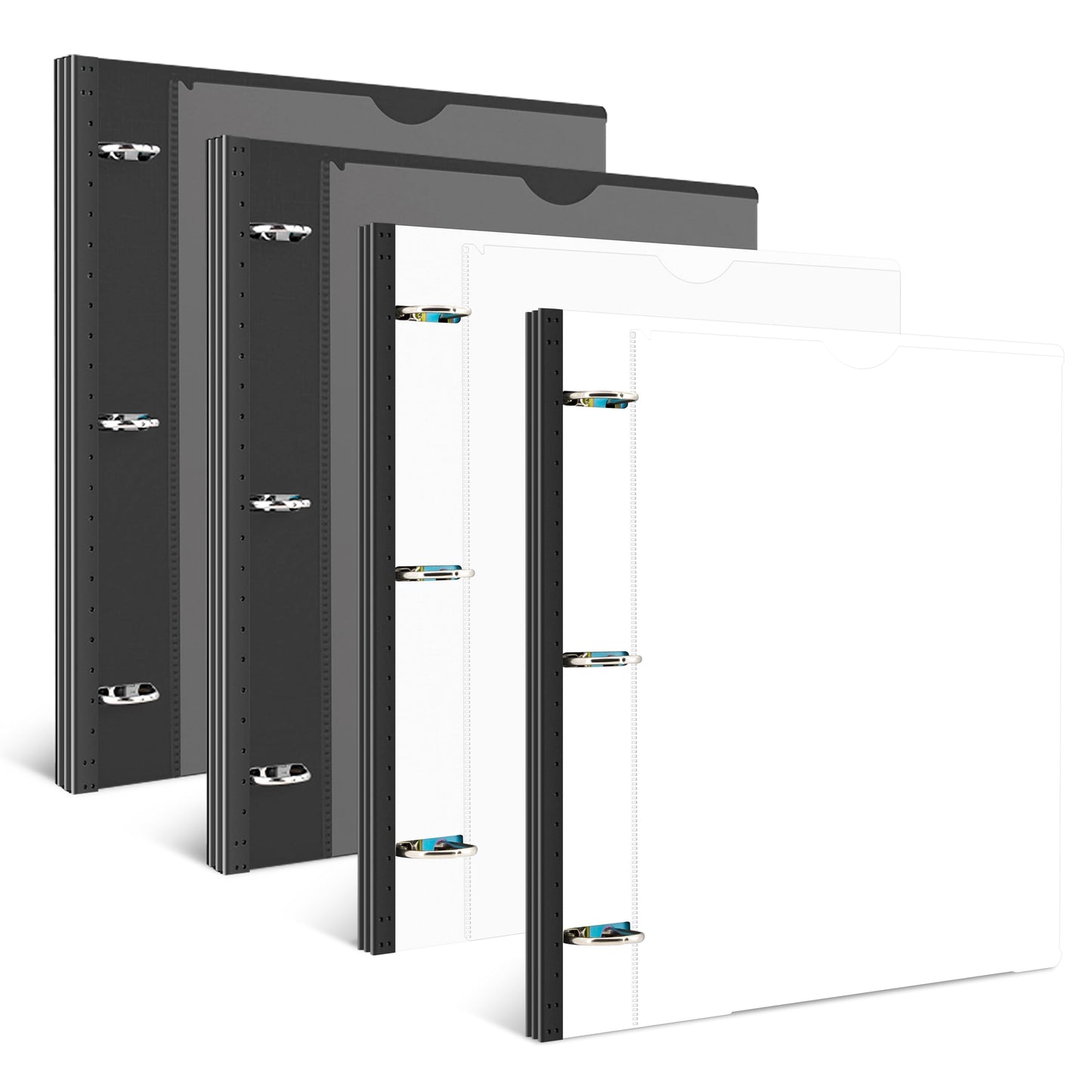 INFUN 1 Inch Telescoping 3 Ring Binder Black+White - 4 PCS， Flexible Binders with Customizable Front Cover and Clear Catalog Pocket,1 inch Binders 3 Ring, 225 Sheet Capacity
