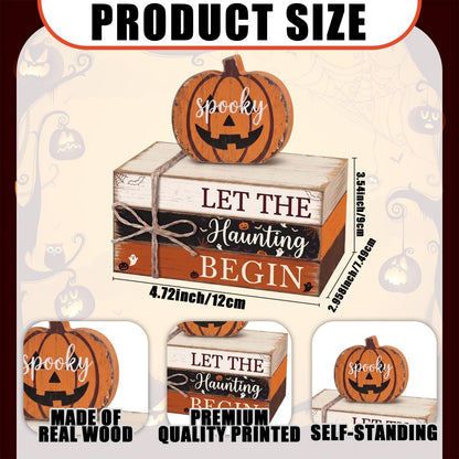 4 Pcs Halloween Tiered Tray Decor Farmhouse Wooden Book Stack with Gnome Spooky Halloween Tabletop Signs Fall Rustic Tiered Tray Decorations for Home Office Shelf Coffee Bar