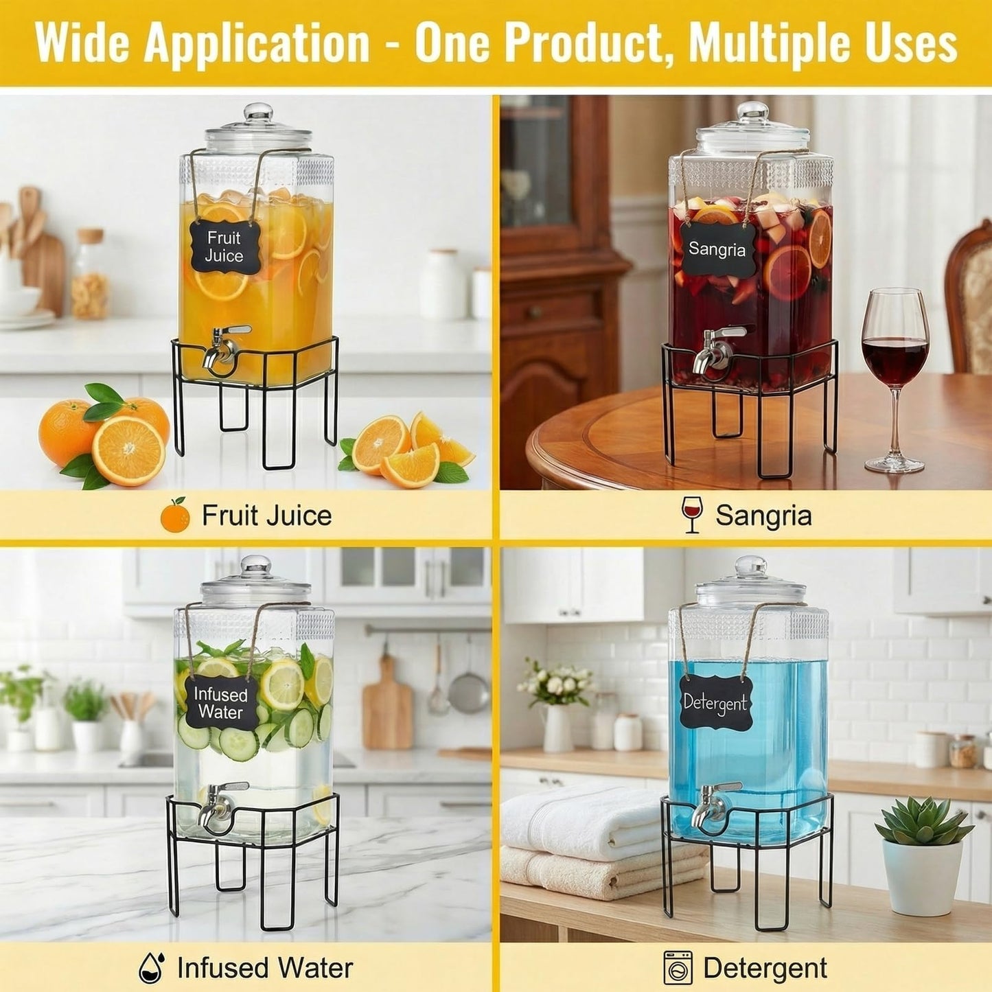 1.5 Gallon Glass Drink Dispenser, Drink Dispensers for Parties, Beverage Dispenser with Stand and Glass Lid, 100% Leakproof Spigot, Ideal for Lemonade, Juice, Iced Tea, Laundry Detergent