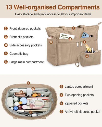 ZENTREON Laptop Tote Bags for Women Large Corduroy Tote Work Bags Lightweight Teacher Nurse Bible Bag for Work School Travel | with 12 Pockets, Zipper Handbag Bag, College Shoulder Bags