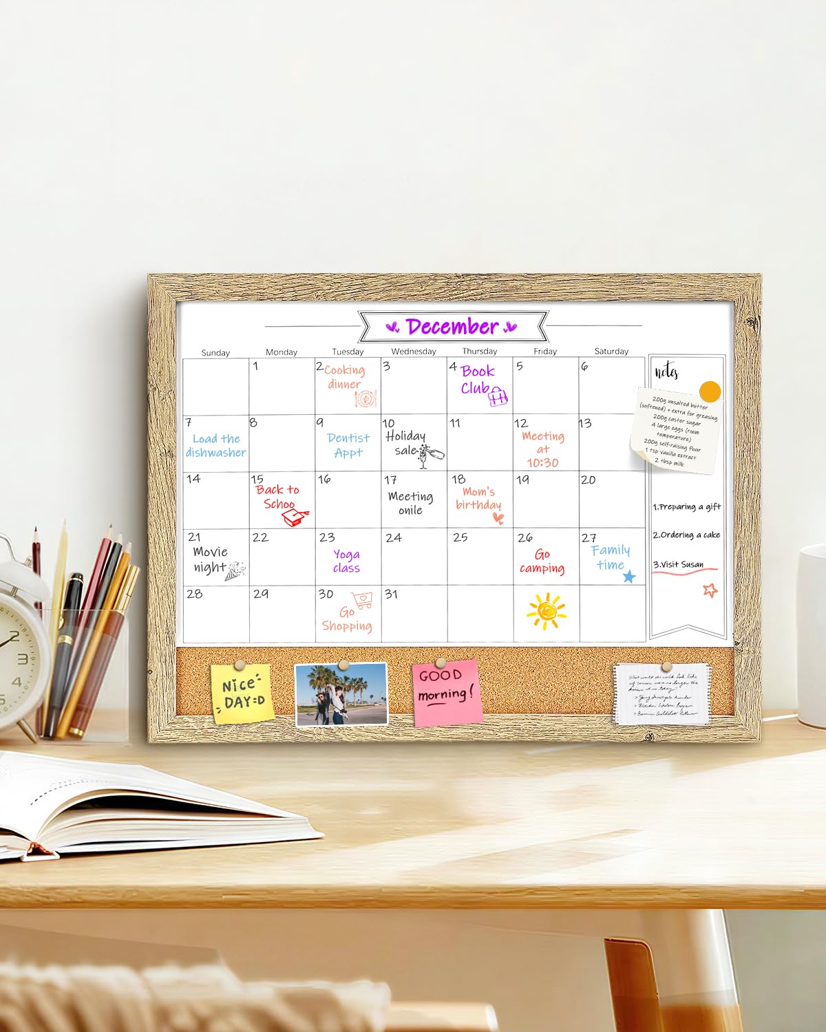Dry Erase Calendar Whiteboard for Wall, Small Combination Magnetic Dry Erase White Board & Bulletin Board, 13" x 17" Rustic Brown Frame Calendar/Cork Combo Board(RB-3343)