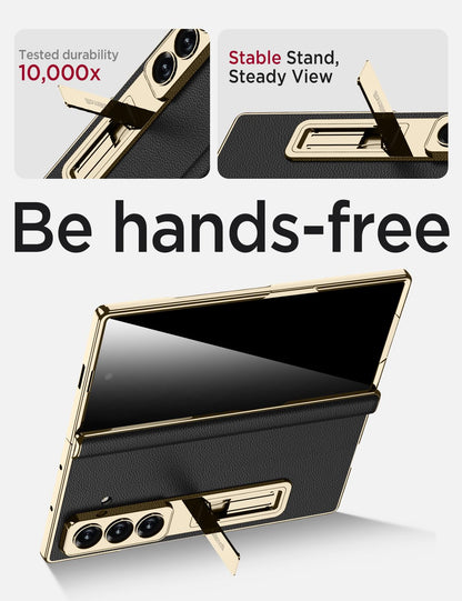 Miimall Leather Case for Samsung Galaxy Z Fold 7 with Stand,[Built-in Privacy Screen Protector and Magnetic Hinge Protection][Wireless Charging] Sturdy Luxury Bumper Cover for ZFold 7 Case Gold Black