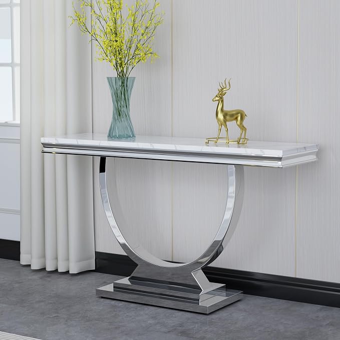 4 Piece Living Room Table Set Include 1 Faux Marble Coffee Table & 2 End Tables& 1 Console Table, Modern White Silver Coffee Table Set of 4 with Double O Shape Stainless Steel Pedestal Base