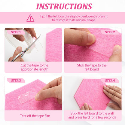 Mindsoft 16 Pcs Hexagon Cork Board for Walls with 50 Wooden Push Pins 6.7 x 5.9 in Felt DIY Tiles Notice with Nano Tape Hanging Bulletin Board for Home Photo Office Memo Note (Pink)
