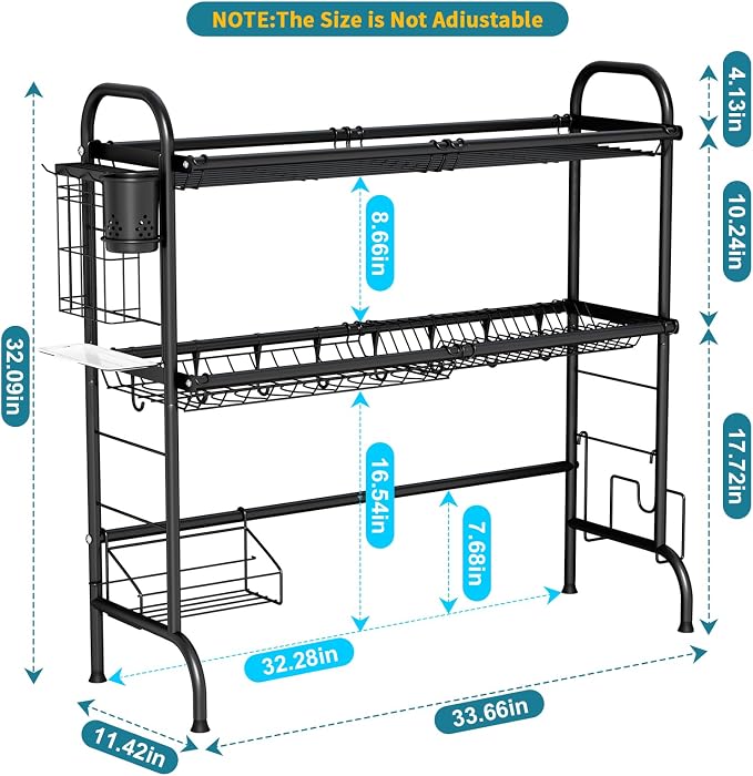 HOWDIA 3-Tier Over The Sink Dish Drying Rack,Stainless Steel Dish Rack with Cutlery Holder & Chopping Board Rack, 33.9” x 11.4” x 32.3” for Maximum Kitchen Storage（Black）