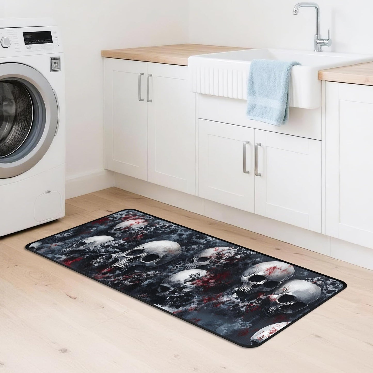 Decorative Laundry Room Floor Mat Skull Non-Slip Washable Farmhouse Kitchen Rug 48"x20" Halloween Rugs