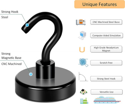 Neosmuk Black Magnetic Hooks, Strong Magnet with Hook for Fridge, Super Neodymium Extra Strength Industrial Hooks for Hanging (Matte Black,4 Pack)