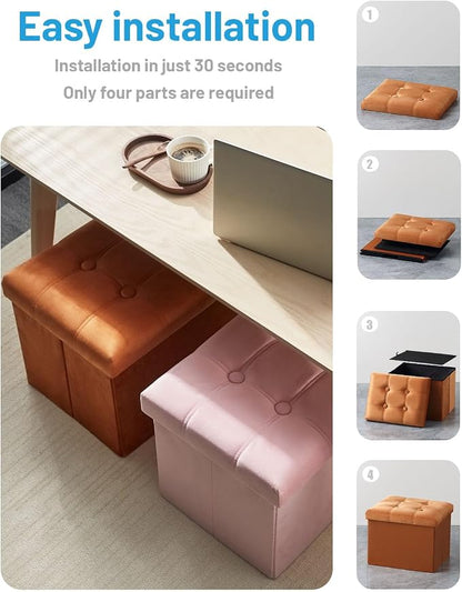 AmasSmile Storage Ottoman Foot Rest Stool, 17 inch Velvet Footstool Bench, Short Ottomans Stool, Small Folding Storage Ottoman Store Books, Records, Orange