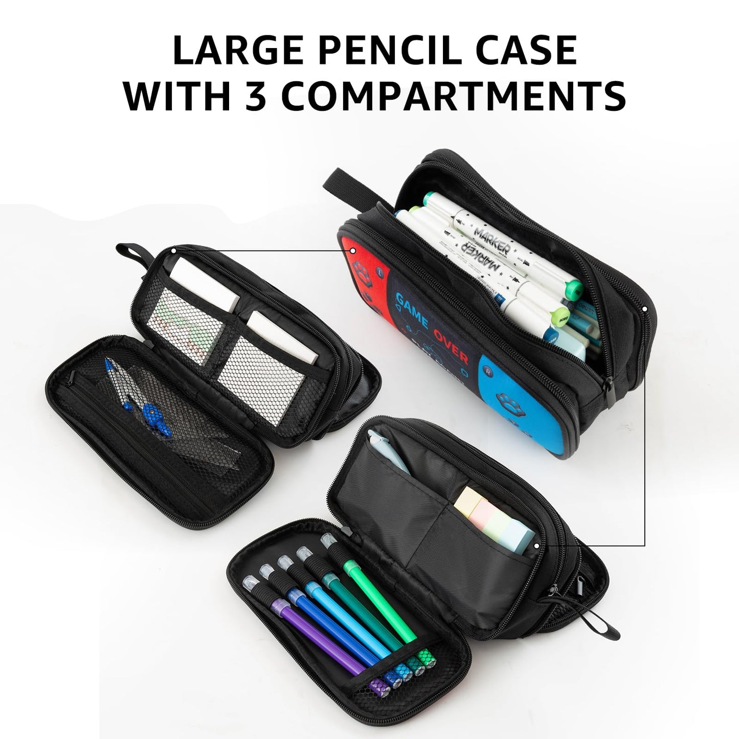Easozoom Large Game Controller Pencil Case for Teen Boy Kid Capacity Pen Box Pouch Organizer Holder Bag with 3 Compartments & Zipper School College Office Supplies(1PCS Pencil Case)