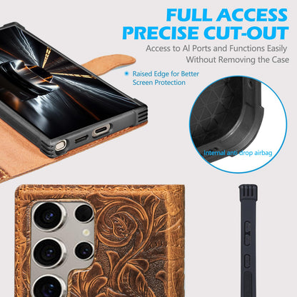 RMAWRAD Leather Case Wallet Compatible with Samsung Galaxy S25 Ultra,Genuine Leather2-in-1Magnetic Detachable Shockproof,Flip Folio Cover with Card Slot, RFID Blocking Dark Brown