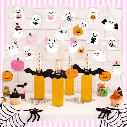 Seajan 200 Pcs Halloween Ghost Cutouts Cute Pink Ghost Pumpkin Paper Cut-Outs Halloween Bulletin Board Decor with 400 Glue Points Pink Pastel Decorations for Home DIY Art Craft Wall Party
