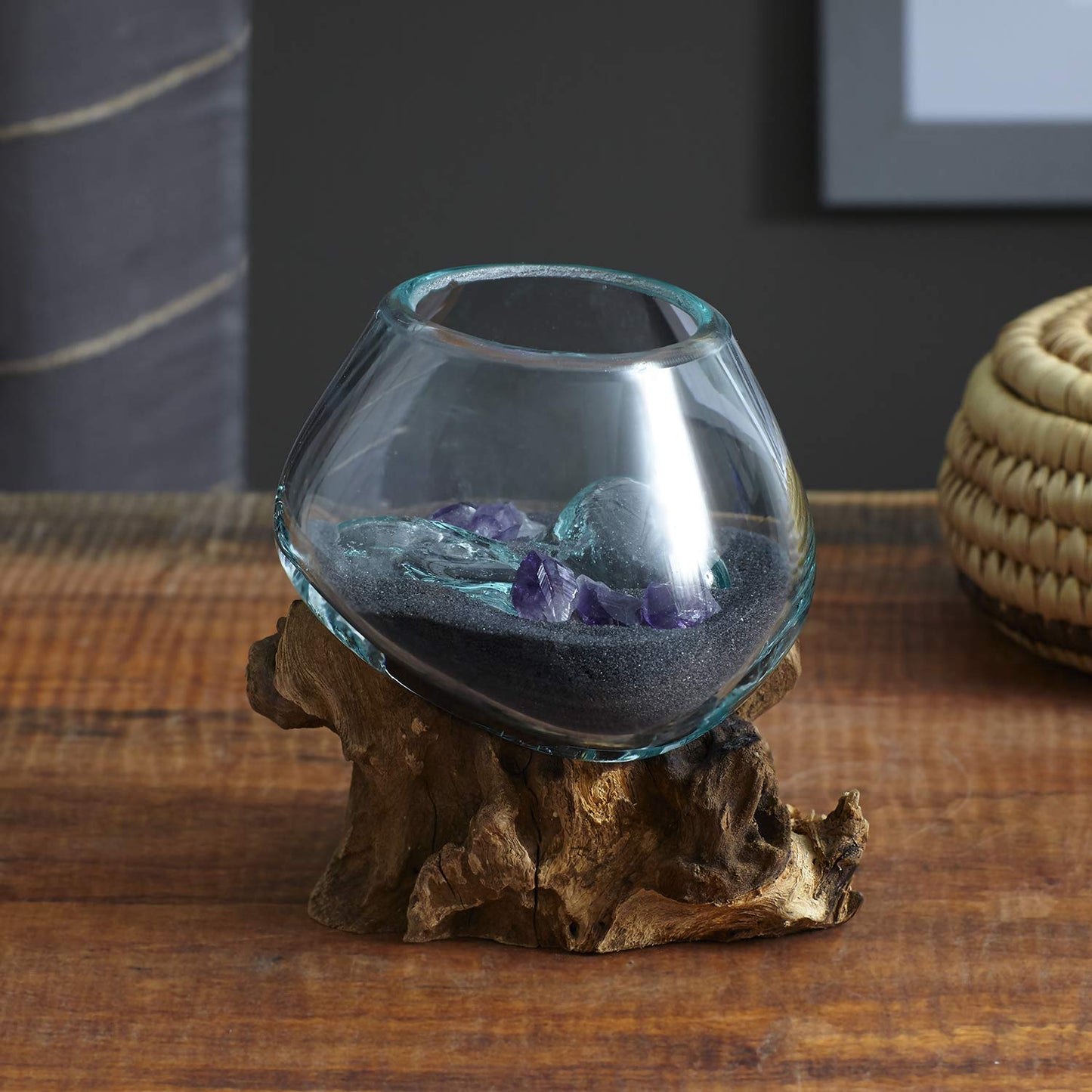 Cohasset Molten Glass | #650-12 | Molten Glass & Wood Sculpture | Terrarium | Fairy Garden | Approximately 4.5" Wide | Natural Wood and Recycled Glass |