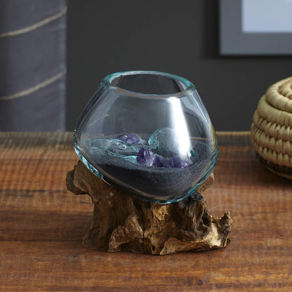 Cohasset Molten Glass | #650-12 | Molten Glass & Wood Sculpture | Terrarium | Fairy Garden | Approximately 4.5" Wide | Natural Wood and Recycled Glass |
