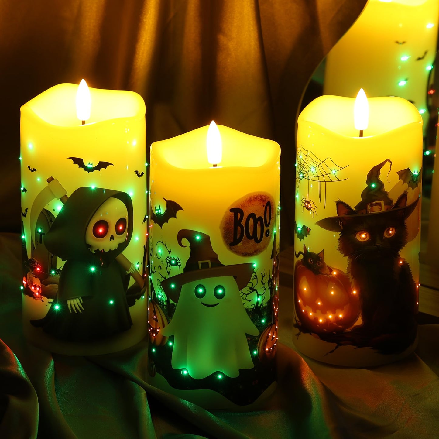 Eywamage Fiber Optic Halloween Flameless Candles with Remote, Flickering Battery Operated LED Pillar Candles Set of 3
