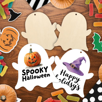 kuchisity Large Size 7'' Wooden Halloween Ornaments to Paint 30 Pcs DIY Blank Unfinished Ghost Wooden Cutouts with Twines for Halloween Thanksgiving Day Fall Party
