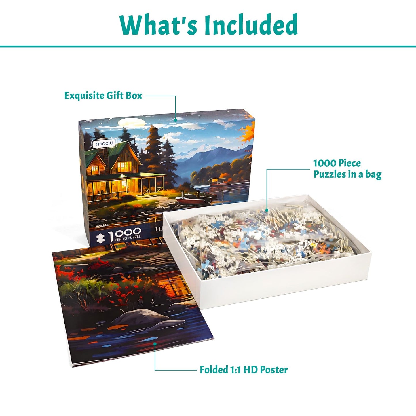 MBOQIU 1000 Piece Puzzle for Adults - Moonlight Cabin Puzzles for Adults 1000 Pieces, Letters on Back, Cozy Lake View Jigsaw Puzzle, Challenging Puzzles for Teens Seniors - 27.6 x 19.7 inches