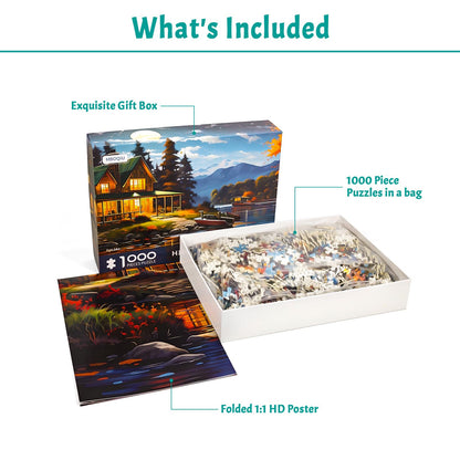 MBOQIU 1000 Piece Puzzle for Adults - Moonlight Cabin Puzzles for Adults 1000 Pieces, Letters on Back, Cozy Lake View Jigsaw Puzzle, Challenging Puzzles for Teens Seniors - 27.6 x 19.7 inches