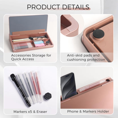 TOWON Small Compact Glass Desktop Whiteboard with Storage – 12 x 7 in Dry Erase Board for Desk, Home Office, School | Includes 5 Markers, Eraser & Holder | Space-Saving Organizer, Aesthetic Rose Gold