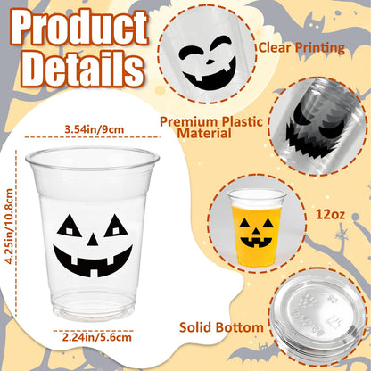 CUPLOOV 100 Pack Halloween Plastic Cups Clear 12Oz Disposable Pumpkin Cups With 5 Styles Patterns for Kids Adults Party Favors, Coffee, Wine, Hot and Cold Drinks