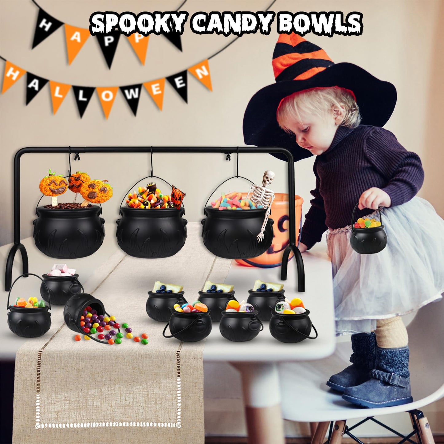 Zimati Cauldron Halloween Table Decor, 12 Pcs Large and Mini Black Plastic Hanging Cauldrons Serving Set, Spooky Witches Cauldron Candy Serving Bowls for Indoor Home Hocus Pocus Party Decorations