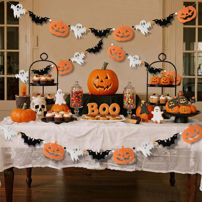 FuSenYuan (Pre-Strung) Halloween Felt Garland Set of 3 Ghost Bat Pumpkin Garland with Wooden Beads Felt Halloween Hanging Garland Banner for Party Mantle Home Wall Decor