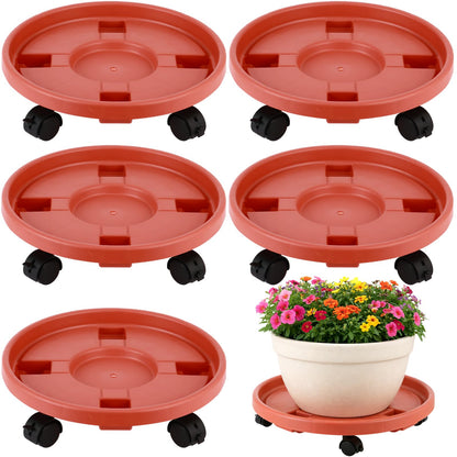 5-pack 11.8" Large Plant Caddy with Wheels Plastic Plant Dolly with Caster Flower Pot Mover Rollers Wheeled Rolling Plant Stands Round Plant Saucer Indoor Outdoor Base Coasters,Terracotta red