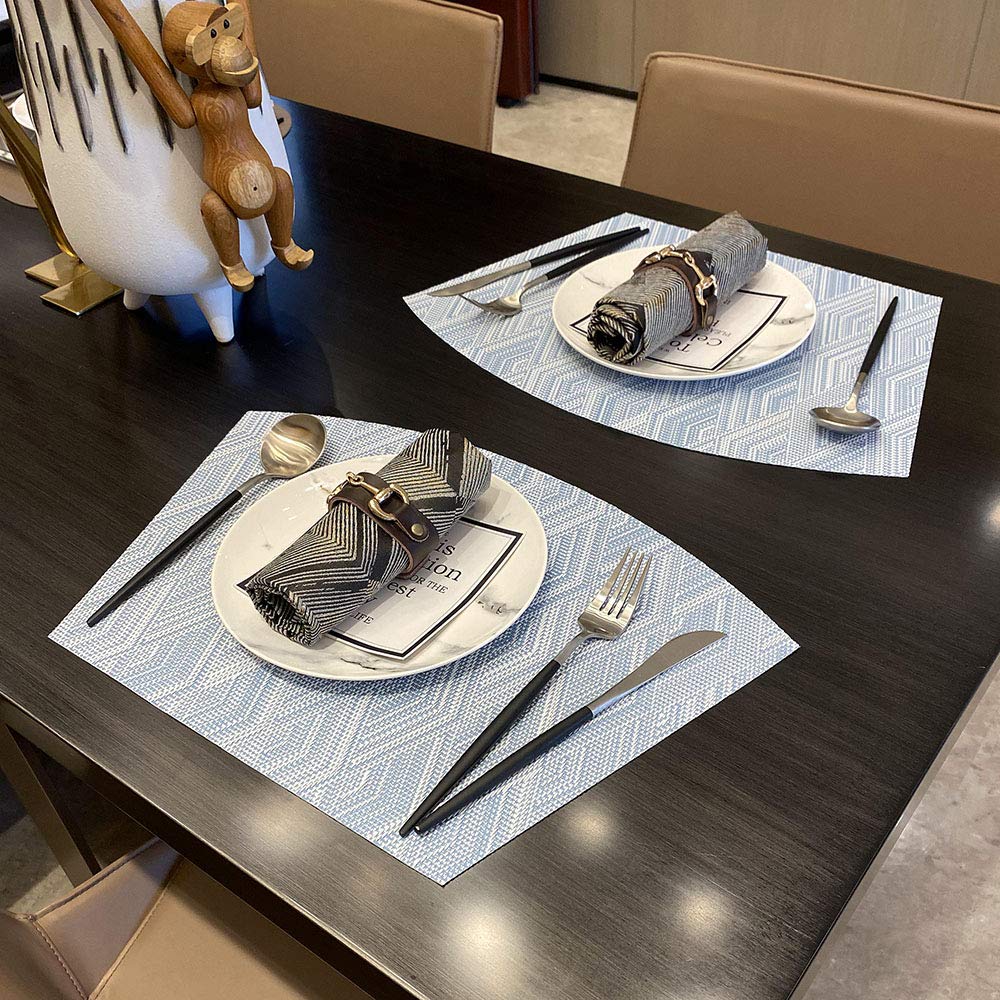 Kreatur Round Table Placemats Set of 6,Woven Vinyl Wedge Placemats Heat Resistant Table Mats Wipe Clean (Light Blue)