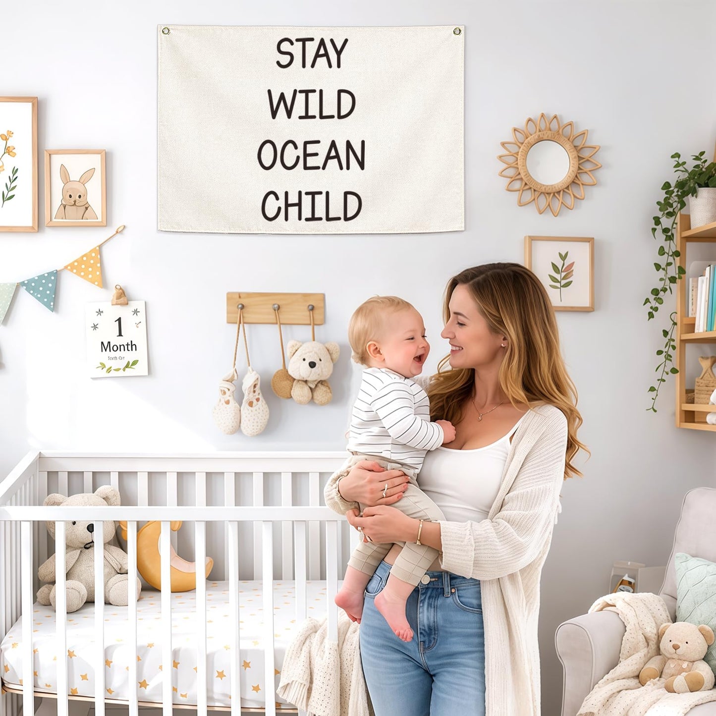 Nursery Canvas Banner Wall Decor-Hanging Rectangular Poster Flag Sign Art for Baby Kids Newborn Nephew,Bedroom Playroom Babyroom Door Decor,Stay Wild Ocean Child Quote,Christmas Gift 28.5"L x 20"W