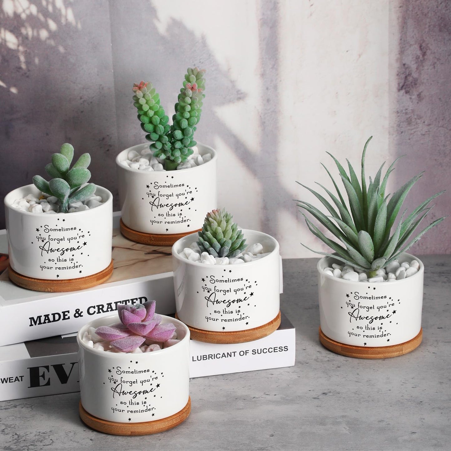 Seewey 12 Pcs Inspirational Succulent Pots Thank You Gift Bulk for Women Employee Teacher Coworker Sometimes You Forget You're Awesome Small Ceramic Plant with Bamboo Trays for Office Staff Graduation
