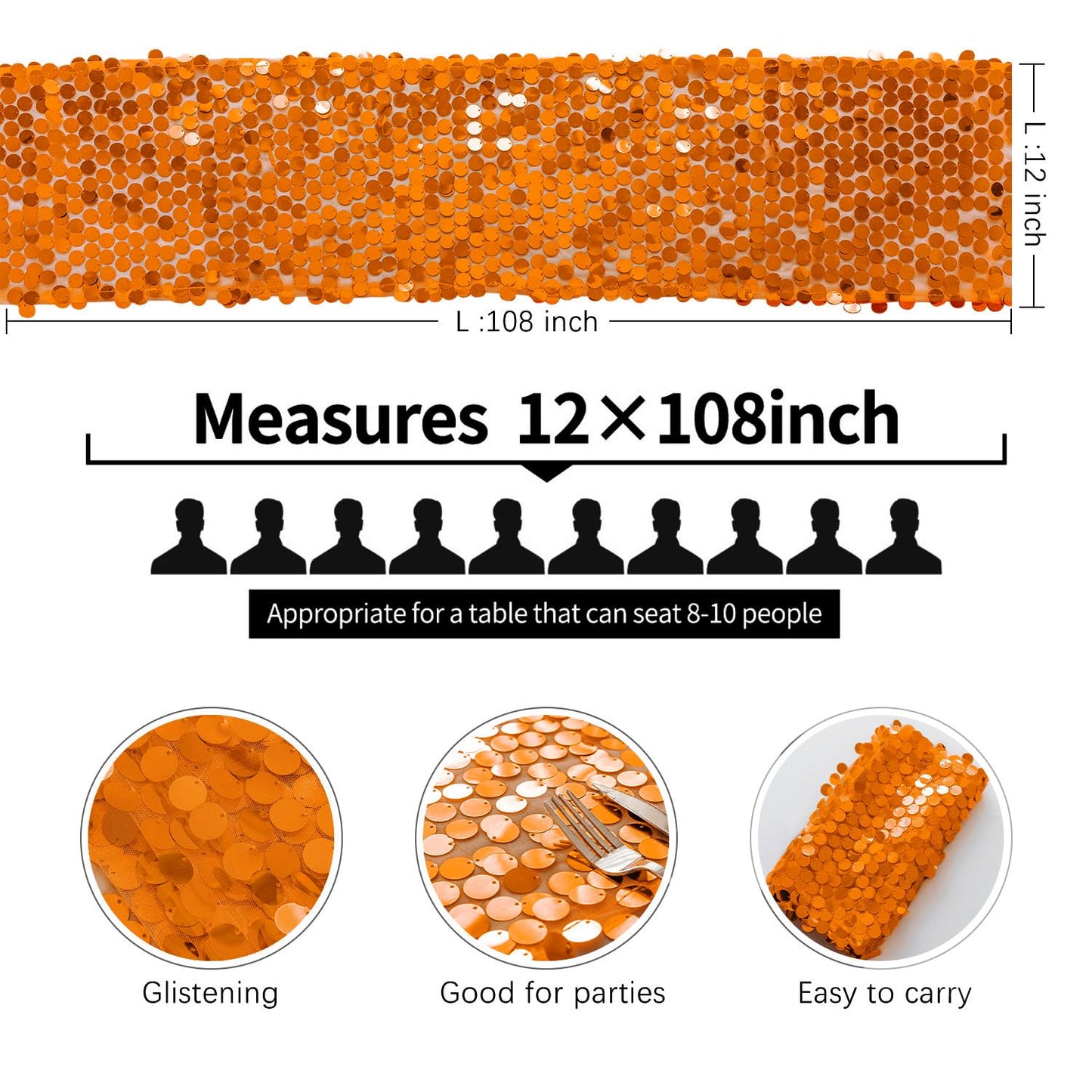 Pufogu 12 "x 108" Sequin Table Runner, Orange Glitter Premium Big Sequin Table Runner, Rectangle Table Runners for Halloween, Christmas, Wedding Party, Birthday Party, Banquet Decor (1 Pack).